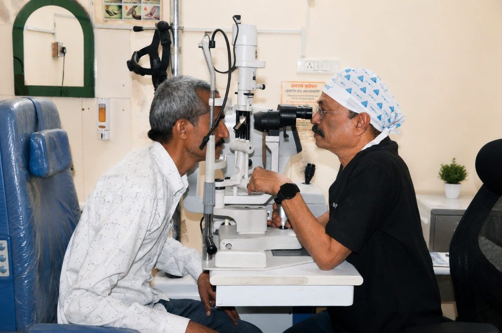 Senior Ophthalmologist Conducting Slit-Lamp Exam